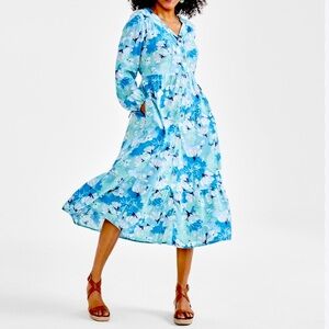 NWT Linen modal midi dress with long sleeves and pockets Arles Floral Teal